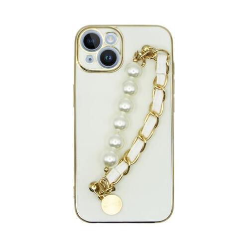Vivid Silicone Case Pearl Chain Holder Apple iPhone 14 White/Gold