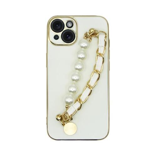 Vivid Silicone Case Pearl Chain Holder Apple iPhone 15 White/Gold