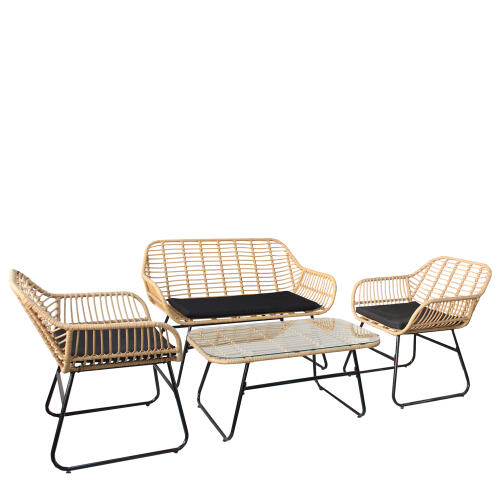 ArteLibre Σετ Σαλόνι Κήπου Acilius Φυσικό/Μαύρο Μέταλλο/Rattan 2θ. Καναπές+2 Πολυθρόνες+Τραπεζάκι