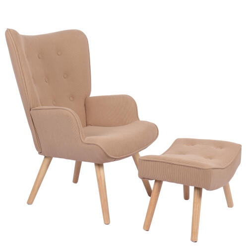 ARTELIBRE Πολυθρόνα Μπερζέρα Με Υποπόδιο ANIDORI Ανοιχτό Καφέ Ύφασμα/Ξύλο 73x69x96cm
