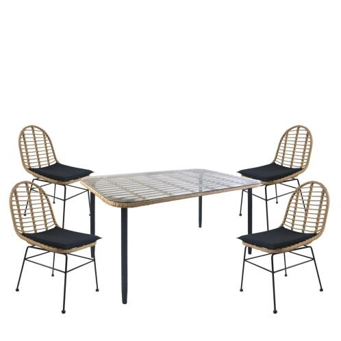ArteLibre Σετ Τραπεζαρία Κήπου Annius Φυσικό/Μαύρο Μέταλλο/Rattan/Γυαλί Με 4 Καρέκλες 14990285