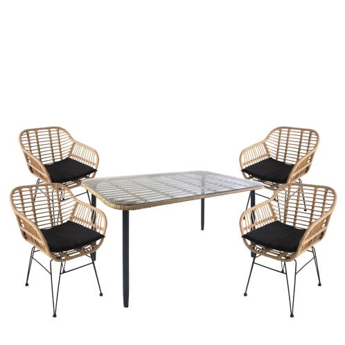 ArteLibre Σετ Τραπεζαρία Κήπου Annius Φυσικό/Μαύρο Μέταλλο/Rattan/Γυαλί Με 4 Καρέκλες 14990297