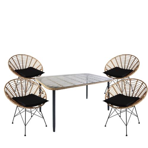 ArteLibre Σετ Τραπεζαρία Κήπου Annius Φυσικό/Μαύρο Μέταλλο/Rattan/Γυαλί Με 4 Καρέκλες 14990309