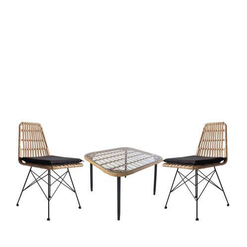 ArteLibre Σετ Τραπεζαρία Κήπου Antius Φυσικό/Μαύρο Μέταλλο/Rattan/Γυαλί Με 2 Καρέκλες 14990328