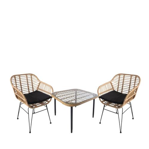 ArteLibre Σετ Τραπεζαρία Κήπου Antius Φυσικό/Μαύρο Μέταλλο/Rattan/Γυαλί Με 2 Καρέκλες 14990336