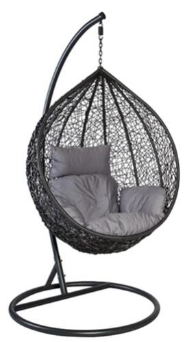 Velco, κρεμαστή πολυθρόνα σκούρο γκρί,με rattan και μαξιλάρια