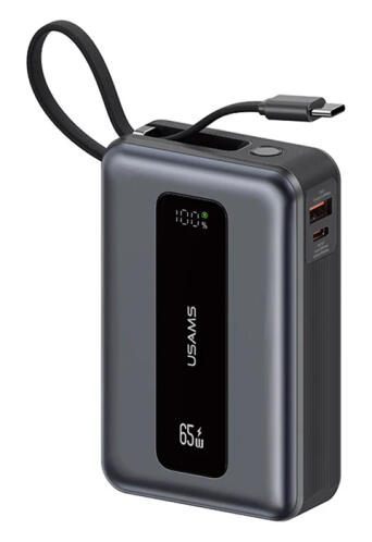 USAMS power bank CD243 με καλώδιο USB-C 2x θύρες εξόδου 20000mAh 65W γκρι