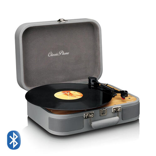 LENCO Πικάπ με ενσωματωμένα ηχεία 3W, Bluetooth, βαλίτσα μεταφοράς και λειτουργία μετατροπής MP3 σε γκρι χρώμα. LENCO CLASSIC PHONO TT-116GY