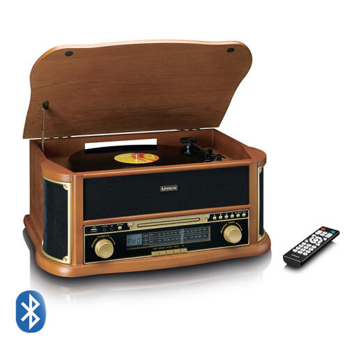 LENCO Πικάπ σε ρετρό σχεδιασμό με ενσωματωμένα ηχεία 10W, Bluetooth, ραδιόφωνο AM/FM, CD player, κασετόφωνο και λειτουργία μετατροπής MP3. LENCO CLASSIC PHONO TCD-2551WD