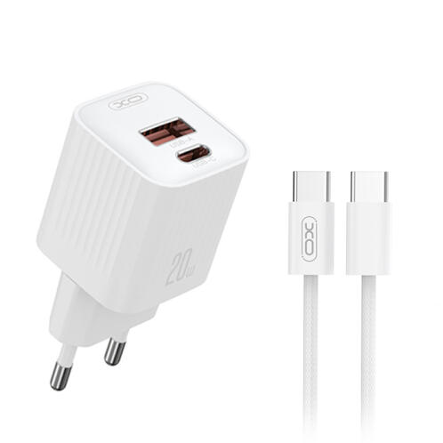 XO Universal φορτιστής PD20W με 2 εξόδους 1xUSB-A & 1xUSB-C και αποσπώμενο καλώδιο USB type-C,  σε λευκό χρώμα XO L147
