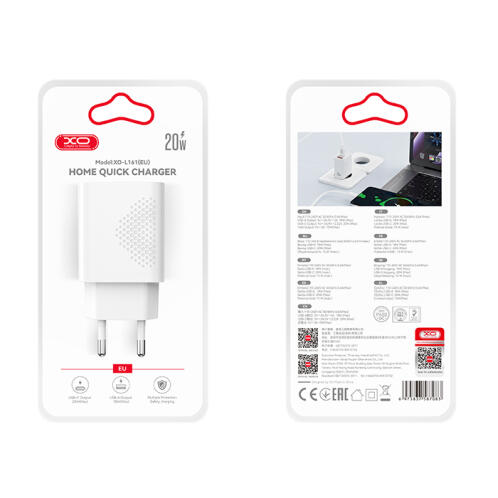 XO Universal φορτιστής με 2 εξόδους, 1x USB-A & 1x USB-C, PD20W / QC18W, σε λευκό χρώμα XO L161 (EU) PD20W/ QC18W