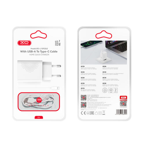 XO Universal φορτιστής USB-A, 18W και αποσπώμενο καλώδιο USB type-C σε λευκό χρώμα XO L159