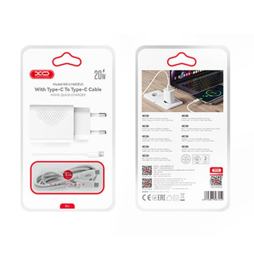 XO Universal φορτιστής USB-C, 20W και αποσπώμενο καλώδιο USB-type C αρσ. - USB type-C αρσ. σε λευκό χρώμα XO L160 WITH TYPE-C CABLE
