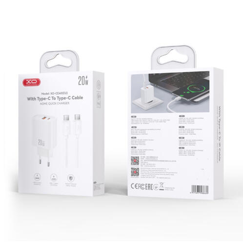 XO Universal φορτιστής με 2 εξόδους, 1x USB-A & 1x USB-C, 20W με αποσπώμενο καλώδιο USB type-C σε λευκό χρώμα XO CE40 WITH TYPE-C CABLE