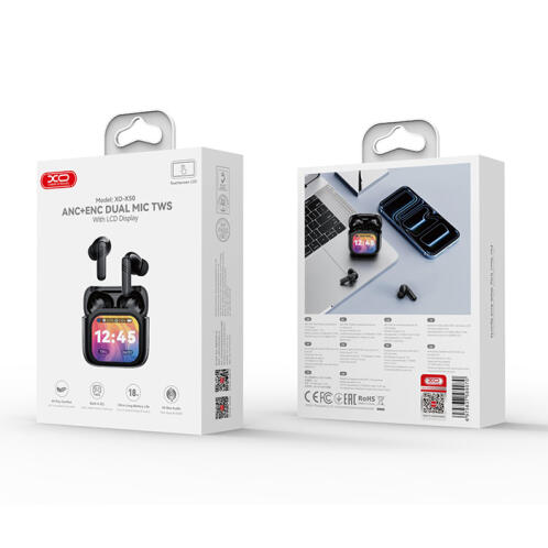 XO Bluetooth ακουστικά handsfree με τεχνολογία ακύρωσης θορύβου (ANC) και θήκη φόρτισης με οθόνη, σε μαύρο χρώμα XO X50