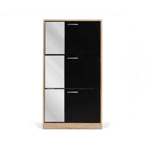 Ξύλινη Παπουτσοθήκη με 3 Διαμερίσματα και Καθρέπτη 60 x 24 x 113 cm Χρώματος Μαύρο - Καφέ Ανοιχτό Idomya 30088523
