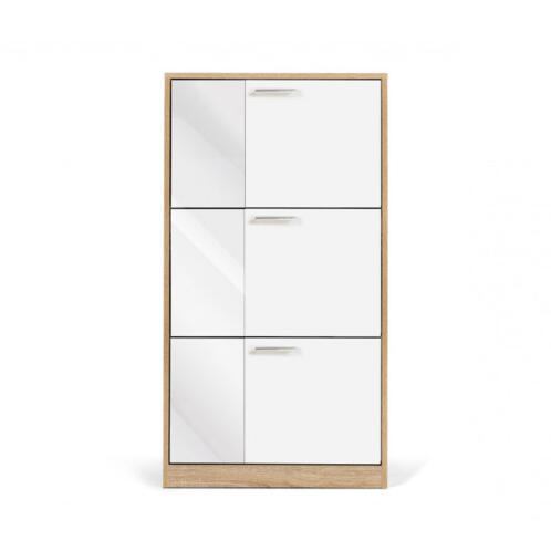 Ξύλινη Παπουτσοθήκη με 3 Διαμερίσματα και Καθρέπτη 60 x 24 x 113 cm Χρώματος Λευκό - Καφέ Ανοιχτό Idomya 30088524
