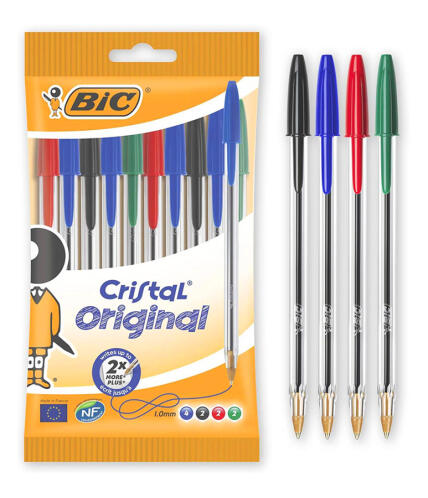BIC στυλό διαρκείας Cristal Original με μύτη 1mm μπλε μαύρο κόκκινο & πράσινο 10τμχ