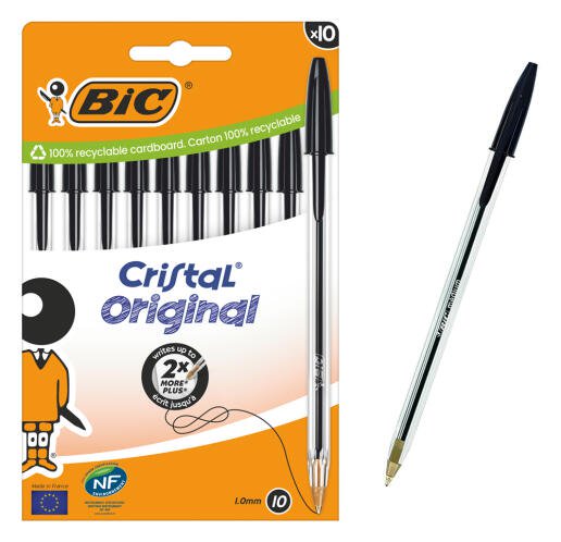 BIC στυλό διαρκείας ballpoint Cristal Original 1.0mm μύτη μαύρο 10τμχ