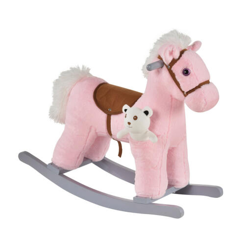 Λούτρινο Κουνιστό Αλογάκι με Μουσική Ξύλινη Βάση και Αρκουδάκι Χρώματος Ροζ HOMCOM 330-118PK