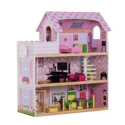 Ξύλινο Κουκλόσπιτο με 3 Ορόφους και Αξεσουάρ 60 x 30 x 71.5 cm HOMCOM 350-034