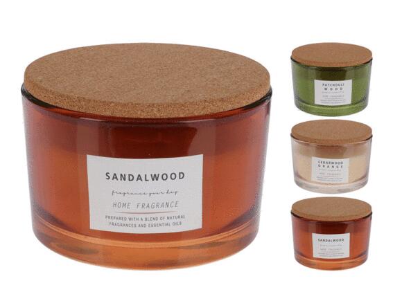 Αρωματικό Κερί CC5062610 Σε Decorated γυάλινο δοχείο με καπάκι από φελλό, 13 x 8 cm, 400γρ, σε 3 επιλογές σχεδίου και αρώματος ivory cedar wood orange, brown sandalwood, green patchouli wood.