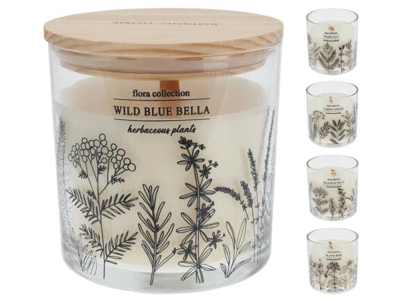 Αρωματικό Κερί CC5072870 Σε γυάλινο δοχείο με ξύλινο καπάκι 10 x 10 cm, σε 4 επιλογές σχεδίου και αρώματος, lemon ginger, pomegramate noir, wild blue bella, lilac blossom.