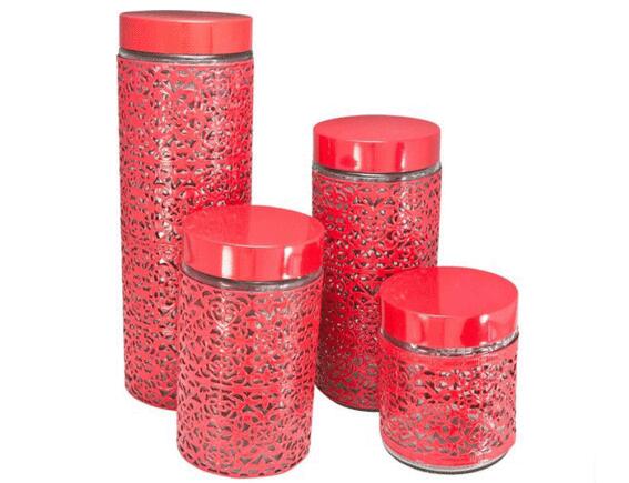 Σετ 4 Γυάλινα δοχεία τροφίμων (23468715) Σε κόκκινο χρώμα με ανάγλυφο σχέδιο και καπάκι, διαμέτρου 9,5 cm