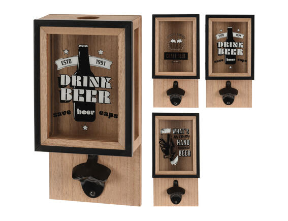 Aνοιχτήρι μπουκαλιών τοίχου με δοχείο συλλογής καπακιών, Ξύλινο, με διαστάσεις 15.5x8.3x30cm, σε 3 επιλογές σχεδίου