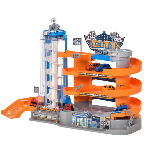 Γκαράζ παιχνιδιών 4 επιπέδων HOMCOM με ράμπες και αυτοκίνητα, χειροκίνητο ή με μπαταρία, Ηλικία 3-6 Ετών, 60x22x36cm - Πολύχρωμο 3A0-005