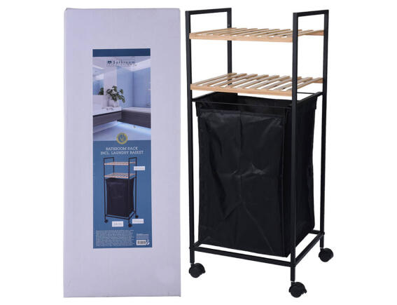 Bathroom Solutions Επιδαπέδια ραφιέρα μπάνιου Ξύλο Μπαμπού, με 2 ράφια και καλάθι απλύτων, 32.5x38x89.5cm