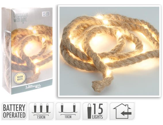 Σχοινί με φωτισμό LED - 1.5 Μέτρο, 15 LED φωτάκια, με μπαταρία - Θερμό λευκό