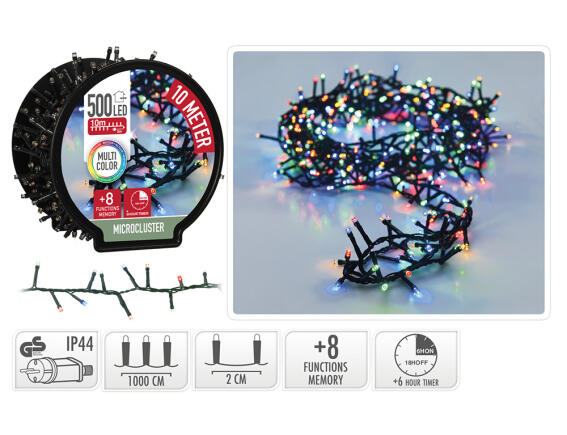 500 Φωτάκια LED - 10 Μέτρα + 3 Μέτρα σύνδεσης , Kανονική Διάταξη, με χειριστήριο, 8 προγράμματα, Πράσινο καλώδιο PVC - Πολύχρωμο