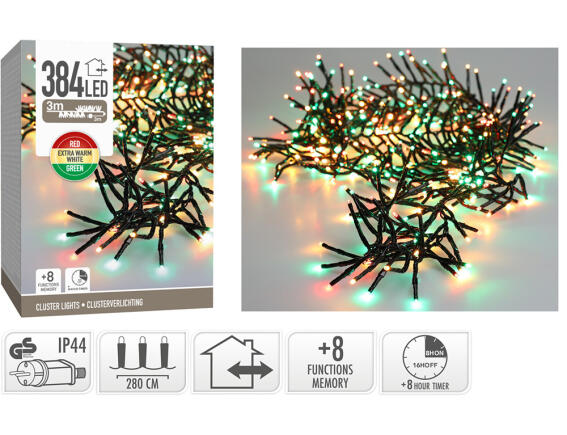 384 Φωτάκια LED - 3 Μέτρα + 3 Μέτρα σύνδεσης , Πυκνή Διάταξη, με χειριστήριο, 8 προγράμματα, Μαύρο καλώδιο PVC - Πολύχρωμο