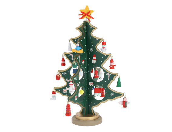 Ξύλινο διακοσμητικό χριστουγεννιάτικο δέντρο με στολίδια με διαστάσεις 22x3.3x26cm
