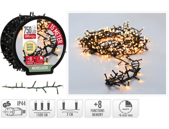 750 Φωτάκια LED - 15 Μέτρα + 3 Μέτρα σύνδεσης , Kανονική Διάταξη, με χειριστήριο, 8 προγράμματα, Πράσινο καλώδιο PVC - Θερμό λευκό