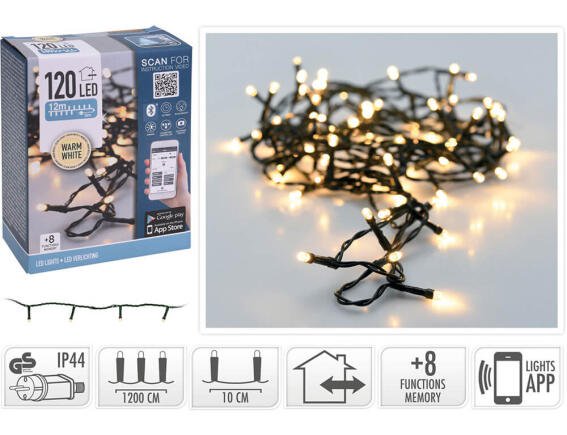 120 Φωτάκια LED - 12 Μέτρα + 5 Μέτρα σύνδεσης (AX8718500), Κανονική Διάταξη, με Bluetooth, 8 προγράμματα, Πράσινο καλώδιο PVC - Με Dimmer Και Έλεγχο μέσω Κινητού Τηλεφώνου - Θερμό λευκό