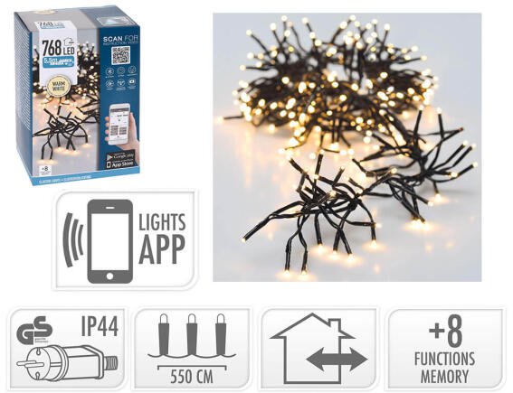 768 Φωτάκια LED - 5.5 Μέτρα + 3 Μέτρα σύνδεσης (AX8718710), Πυκνή Διάταξη, με Bluetooth, 8 προγράμματα, Πράσινο καλώδιο PVC - Θερμό λευκό
