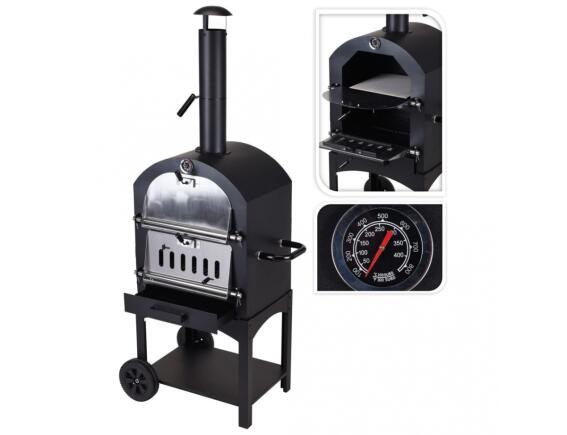 Ψησταριά πίτσας BBQ κάρβουνου Vaggan (X85300070) Με καμινάδα και θερμόμετρο, Πέτρα μαγειρέματος, Σχάρα, Λαβές και πόδια στήριξης με 2 τροχούς, Βάση τακτοποίησης, Μεταλλική, 67 x 47.5 x 156 cm