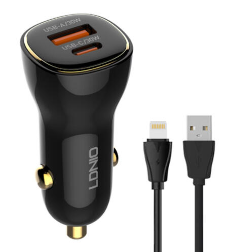 LDNIO φορτιστής αυτοκινήτου C103 με καλώδιο Lightning USB/USB-C 60W μαύρος