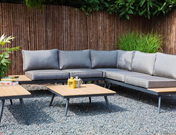 Lesli Living Σετ Σαλόνι Κήπου & Βεράντας Arezzo με καναπέ γωνία, παγκάκι και τραπεζάκι, από Αλουμίνιο/Polywood με αδιάβροχα μαξιλάρια- Απόχρωση Γκρι