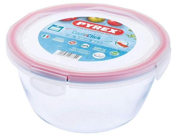 Γυάλινο Δοχείο Τροφίμων Cook & Click Pyrex με καπάκι, χωρητικότητα 1.6lt και διαστάσεις 20x20x9cm