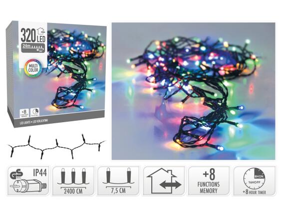 320 Φωτάκια LED - 24 Μέτρα + 3 Μέτρα σύνδεσης, Κανονική Διάταξη, με χειριστήριο, 8 προγράμματα, Πράσινο καλώδιο PVC - Πολύχρωμο	