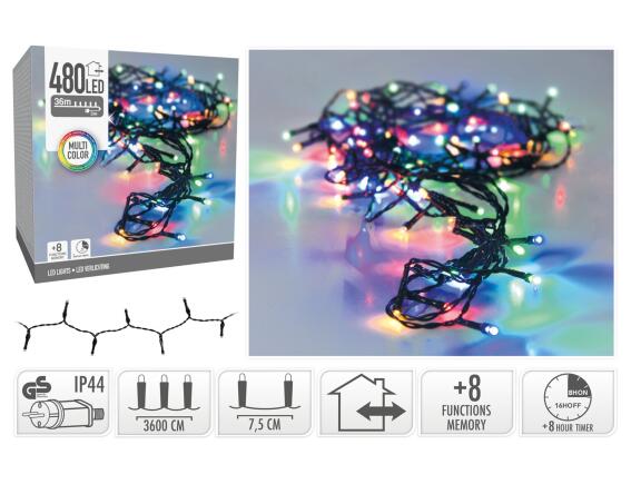 480 Φωτάκια LED - 36 Μέτρα + 3 Μέτρα σύνδεσης, Κανονική Διάταξη, με χειριστήριο, 8 προγράμματα, Διάφανο καλώδιο PVC - Πολύχρωμο	