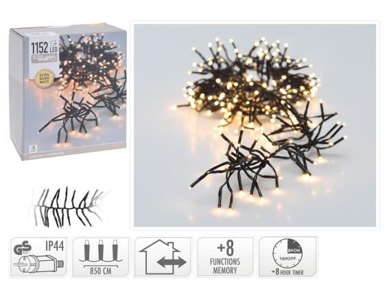 1152 Φωτάκια LED - 8.5 Μέτρα + 3 Μέτρα σύνδεσης, Κανονική Διάταξη, με χειριστήριο, 8 προγράμματα, Μαύρο καλώδιο PVC - Extra Θερμό Λευκό