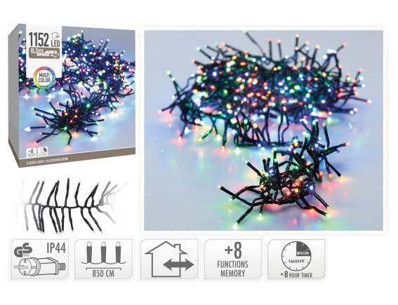 1152 Φωτάκια LED - 8.5 Μέτρα + 3 Μέτρα σύνδεσης, Κανονική Διάταξη, με χειριστήριο, 8 προγράμματα, Μαύρο καλώδιο PVC - Πολύχρωμο