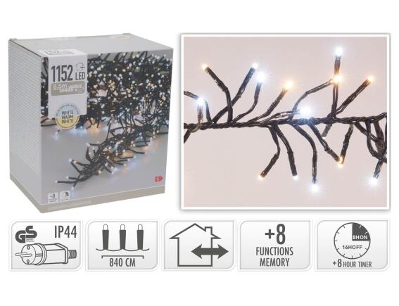 1152 Φωτάκια LED - 8.4 Μέτρα + 3 Μέτρα σύνδεσης, Κανονική Διάταξη, με χειριστήριο, 8 προγράμματα, Μαύρο καλώδιο PVC - Λευκό, Θερμό Λευκό