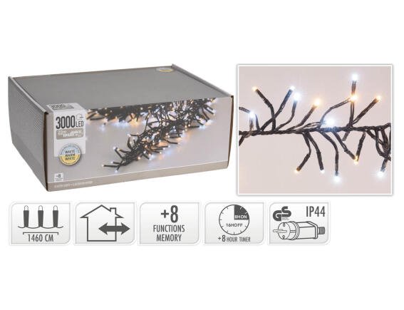 3000 Φωτάκια LED - 21.8 Μέτρα + 3 Μέτρα σύνδεσης, Κανονική Διάταξη, με χειριστήριο, 8 προγράμματα, Μαύρο καλώδιο PVC - Λευκό, Θερμό Λευκό