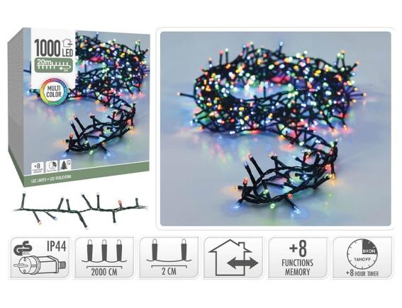 1000 Φωτάκια LED - 20 Μέτρα + 3 Μέτρα σύνδεσης , Κανονική Διάταξη, με χειριστήριο, 8 προγράμματα, Πράσινο καλώδιο PVC - Πολύχρωμο