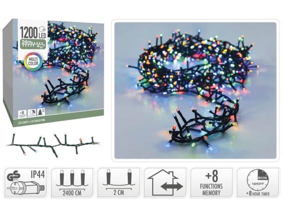1200 Φωτάκια LED - 24 Μέτρα + 3 Μέτρα σύνδεσης , Κανονική Διάταξη, με χειριστήριο, 8 προγράμματα, Πράσινο καλώδιο PVC - Πολύχρωμο